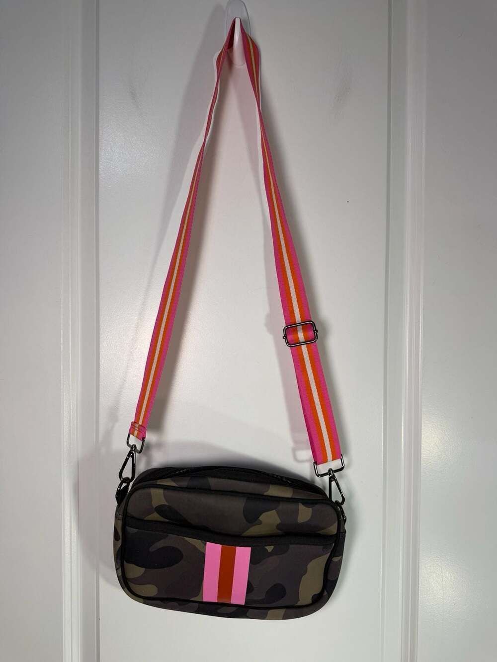 Neoprene Crossbody Bag Camo Green with Pink and Orange Striped Strap